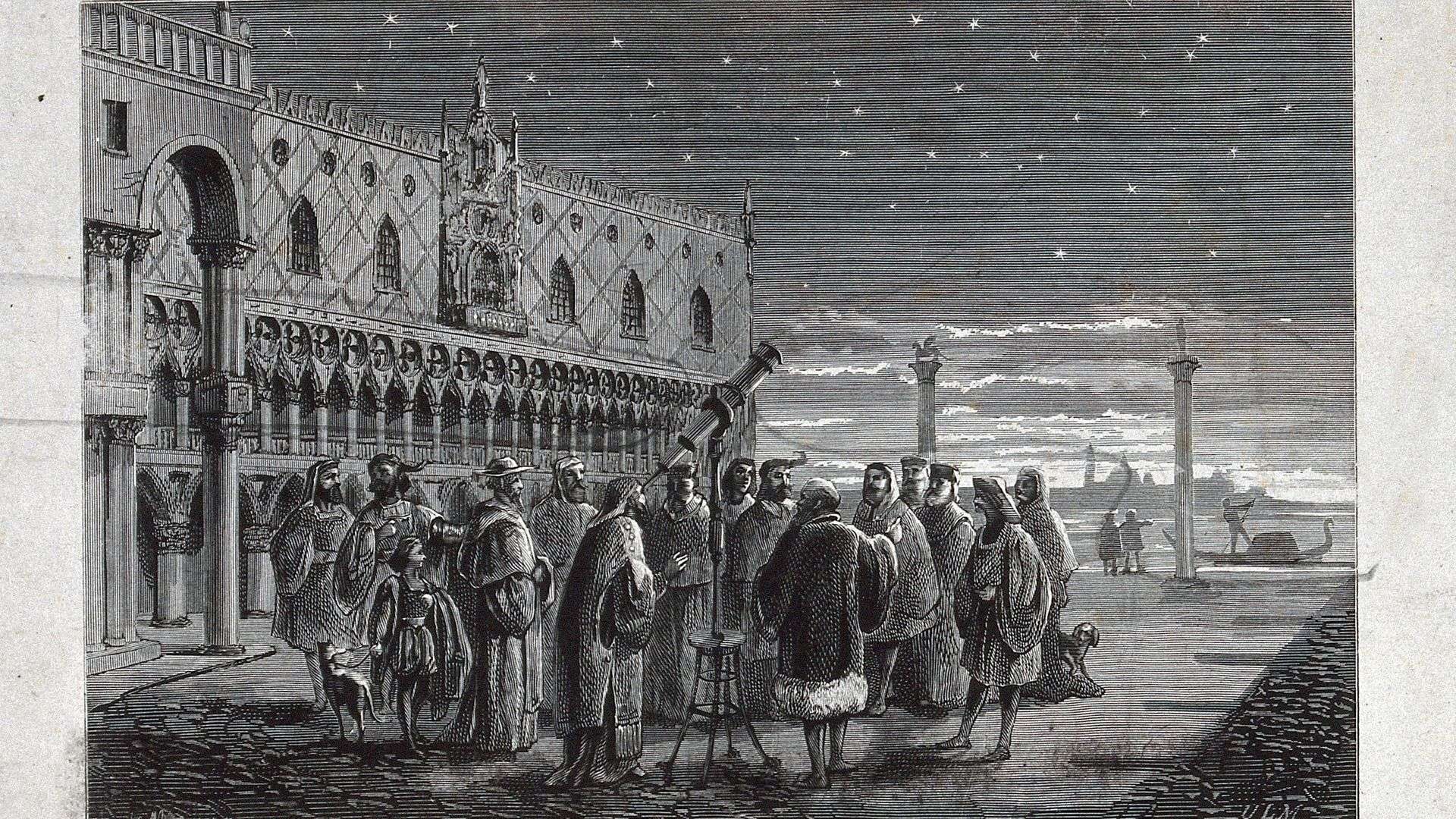 6047f76b2bc5ce8372db0301 Astronomy Galileo with his telescope in the Piazza San Marc Wellcome V0024831 1